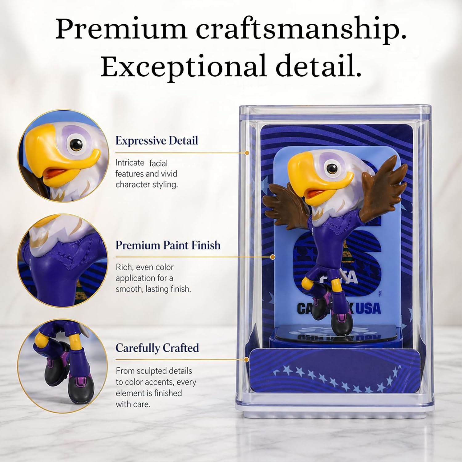 FIFA World Cup 2026 Mascot Figurines Set of 3 (6cm) – USA Eagle, Mexico Jaguar & Canada Moose | Mini Soccer Collectible Gift with Display Case