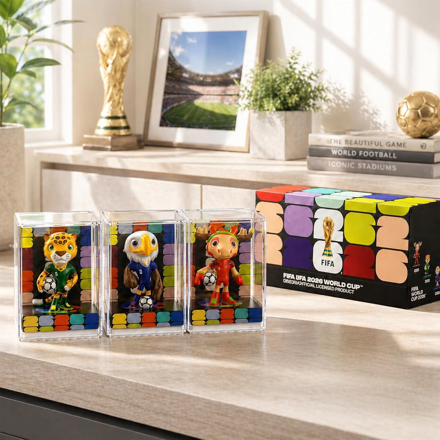 FIFA World Cup 2026 Mascot Figurines Set of 3 – USA Eagle, Mexico Jaguar & Canada Moose | Soccer Collectible Gift with Display Case