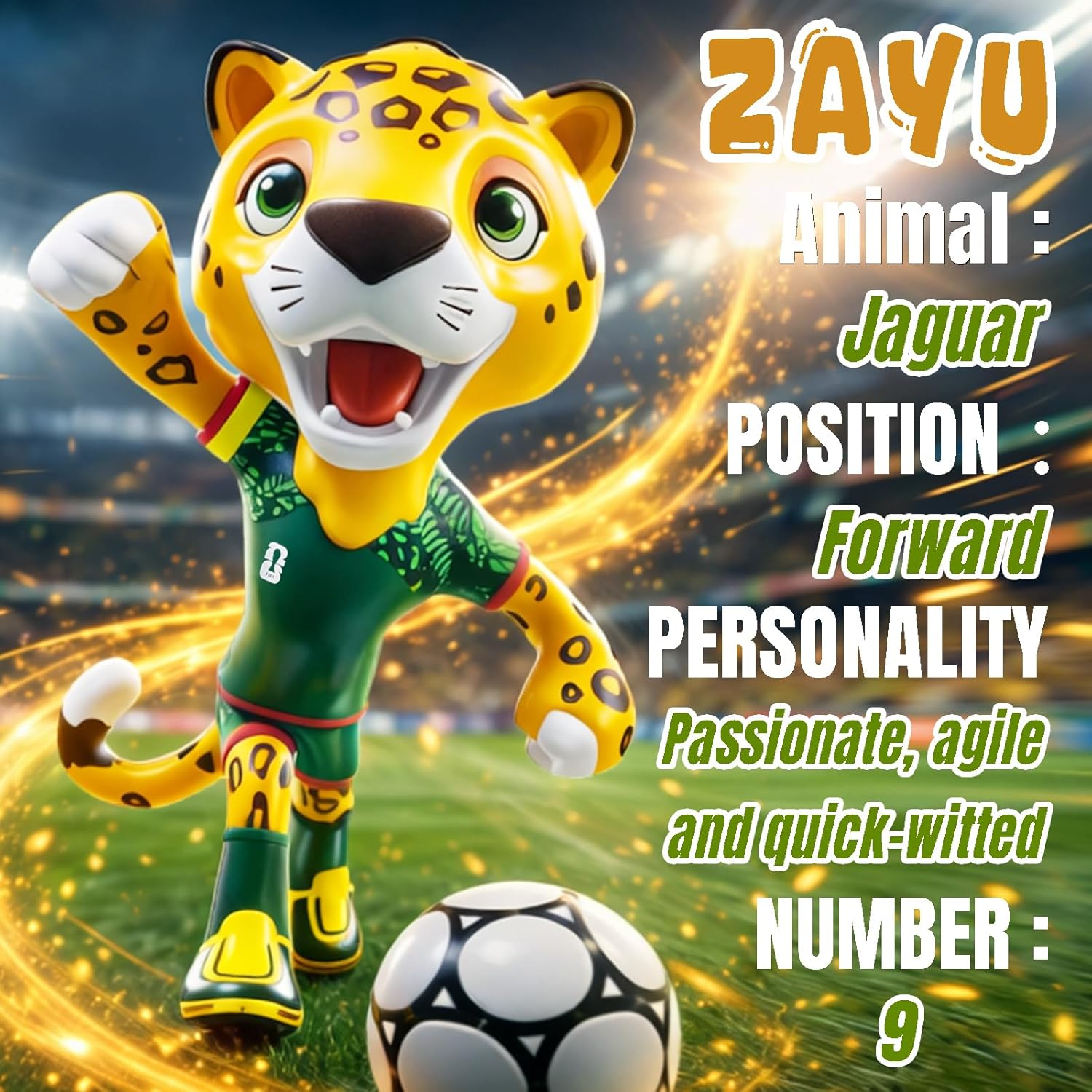 FIFA World Cup 2026 Mexico Mascot Zayu Jaguar Statue – Personalized Laser Engraved | Official Licensed 25cm Display with Acrylic Dome